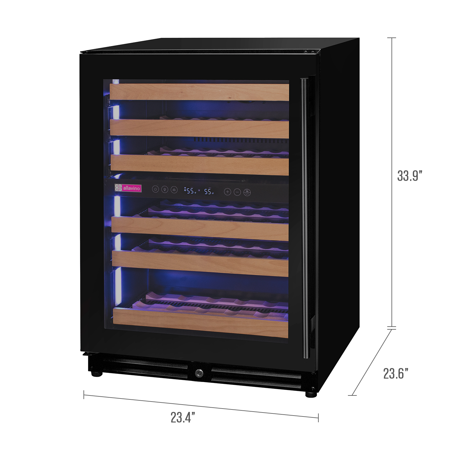 Allavino 56 Bottle Dual Zone Left Hinge Black Glass Wine Refrigerator