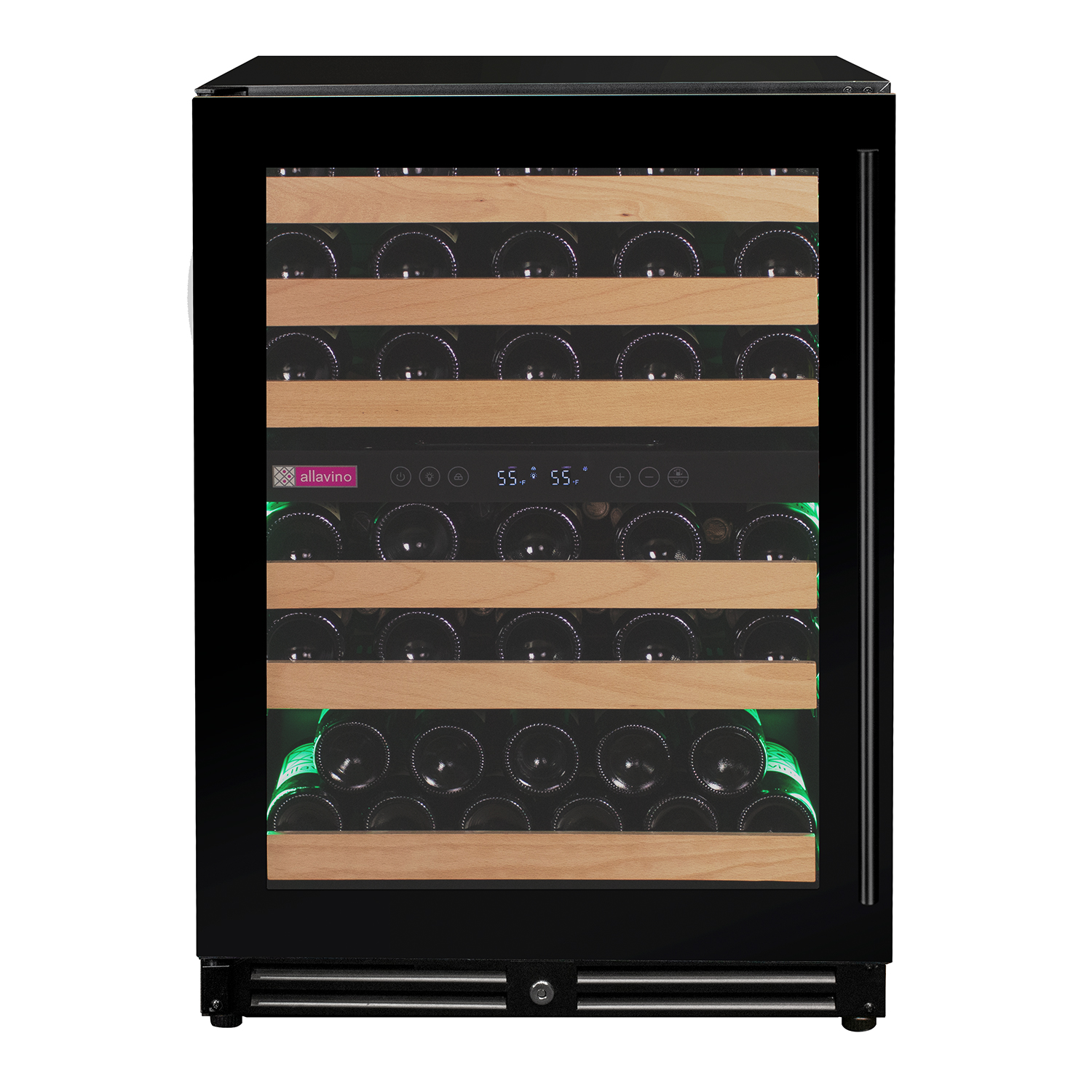 Allavino 56 Bottle Dual Zone Left Hinge Black Glass Wine Refrigerator