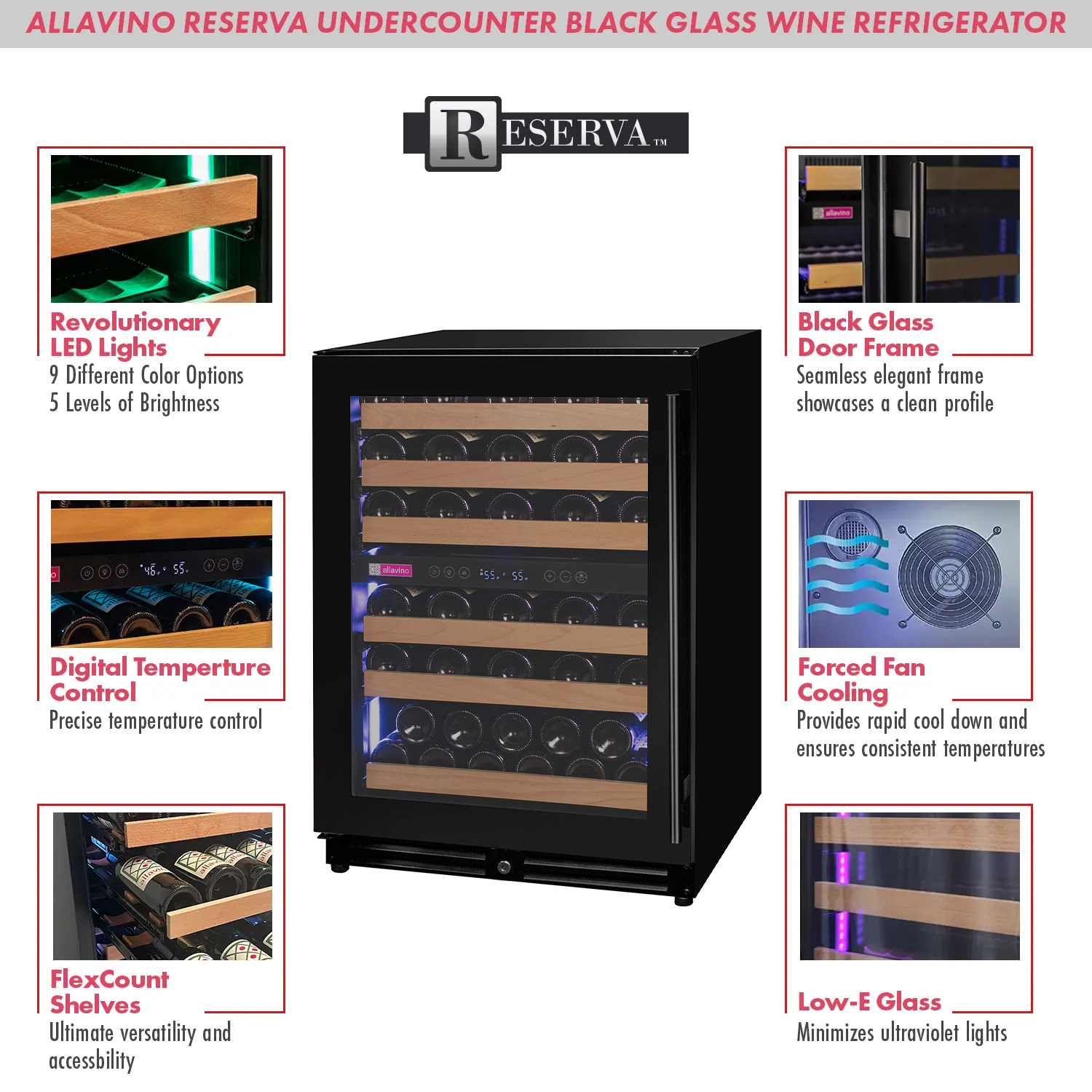 Allavino 56 Bottle Dual Zone Left Hinge Black Glass Wine Refrigerator