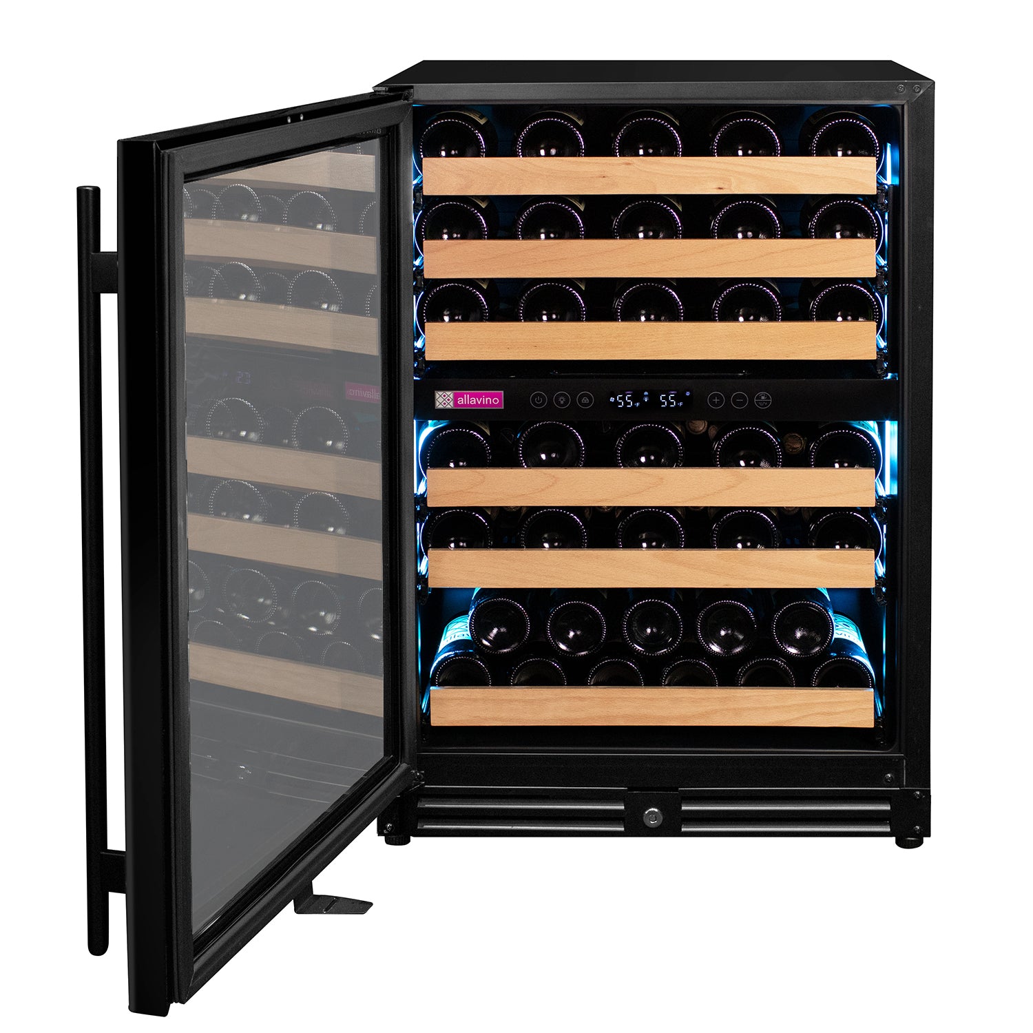 Allavino 56 Bottle Dual Zone Left Hinge Black Glass Wine Refrigerator
