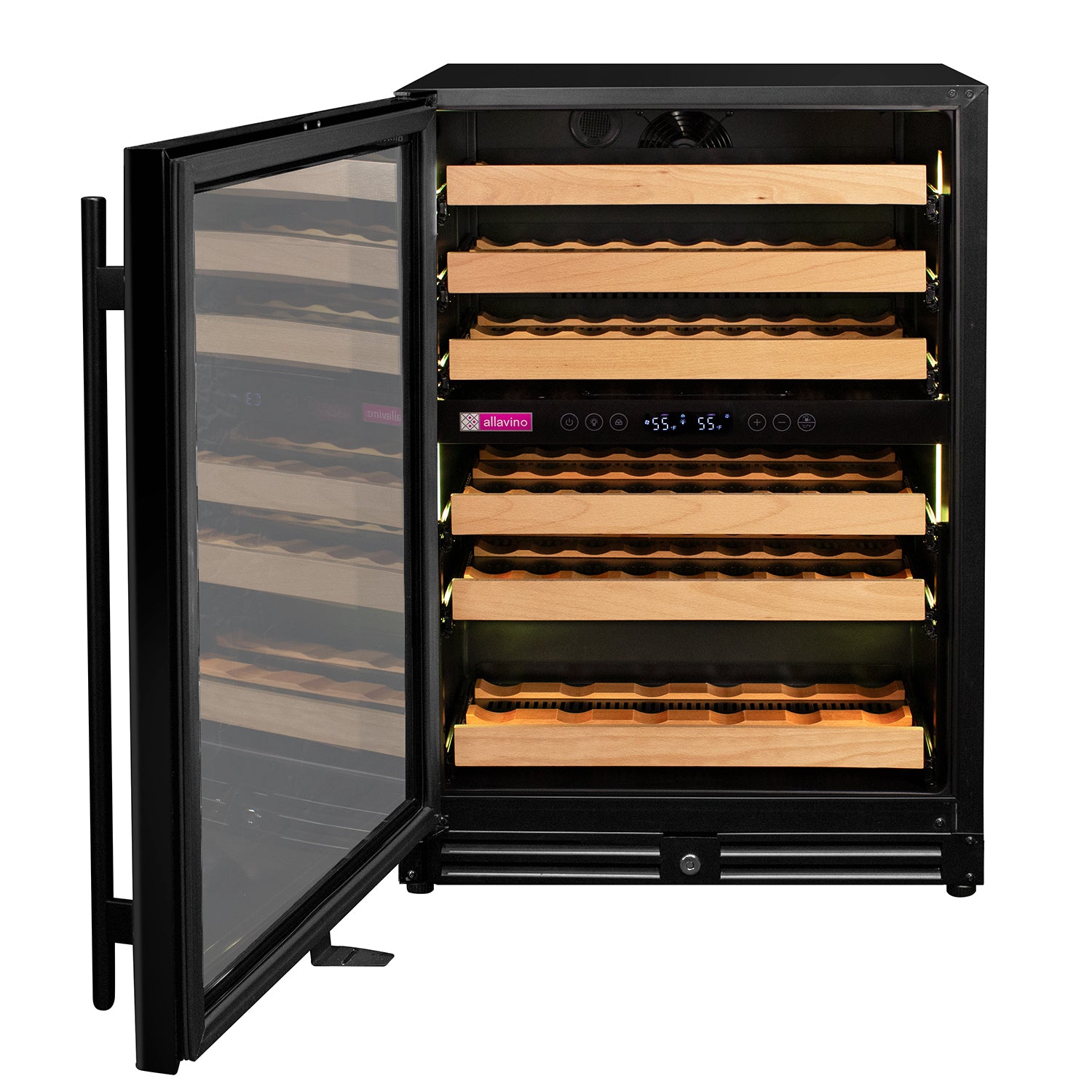 Allavino 56 Bottle Dual Zone Left Hinge Black Glass Wine Refrigerator