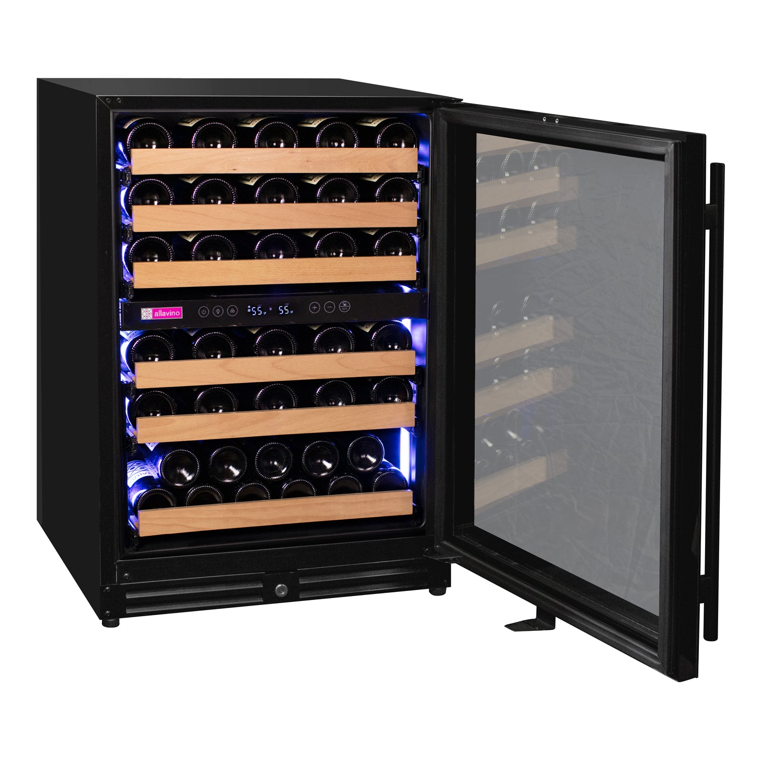 Allavino Reserva Series 56 Bottle Dual Zone Undercounter Wine Refrigerator Cooler with Black Glass Door - Right Hinge