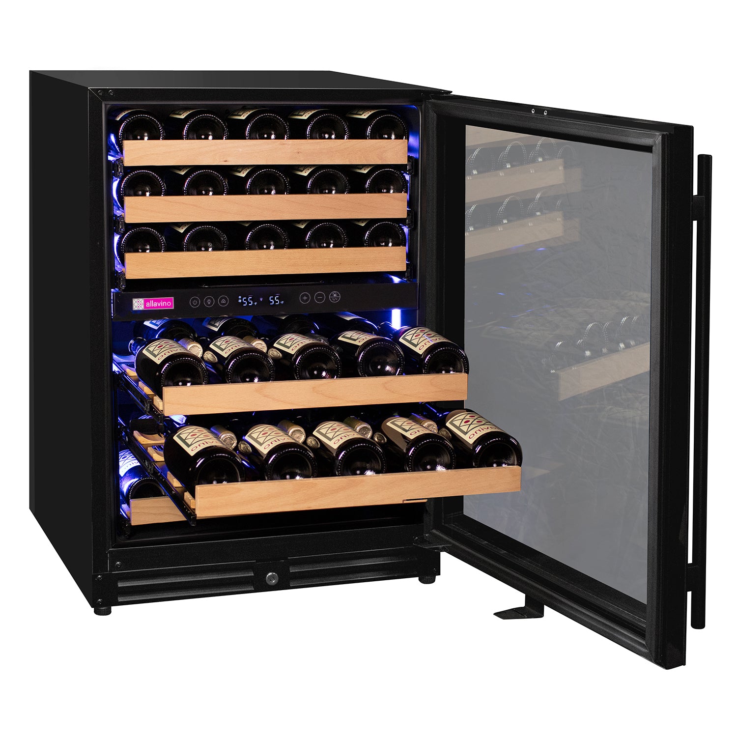 Allavino Reserva Series 56 Bottle Dual Zone Undercounter Wine Refrigerator Cooler with Black Glass Door - Right Hinge