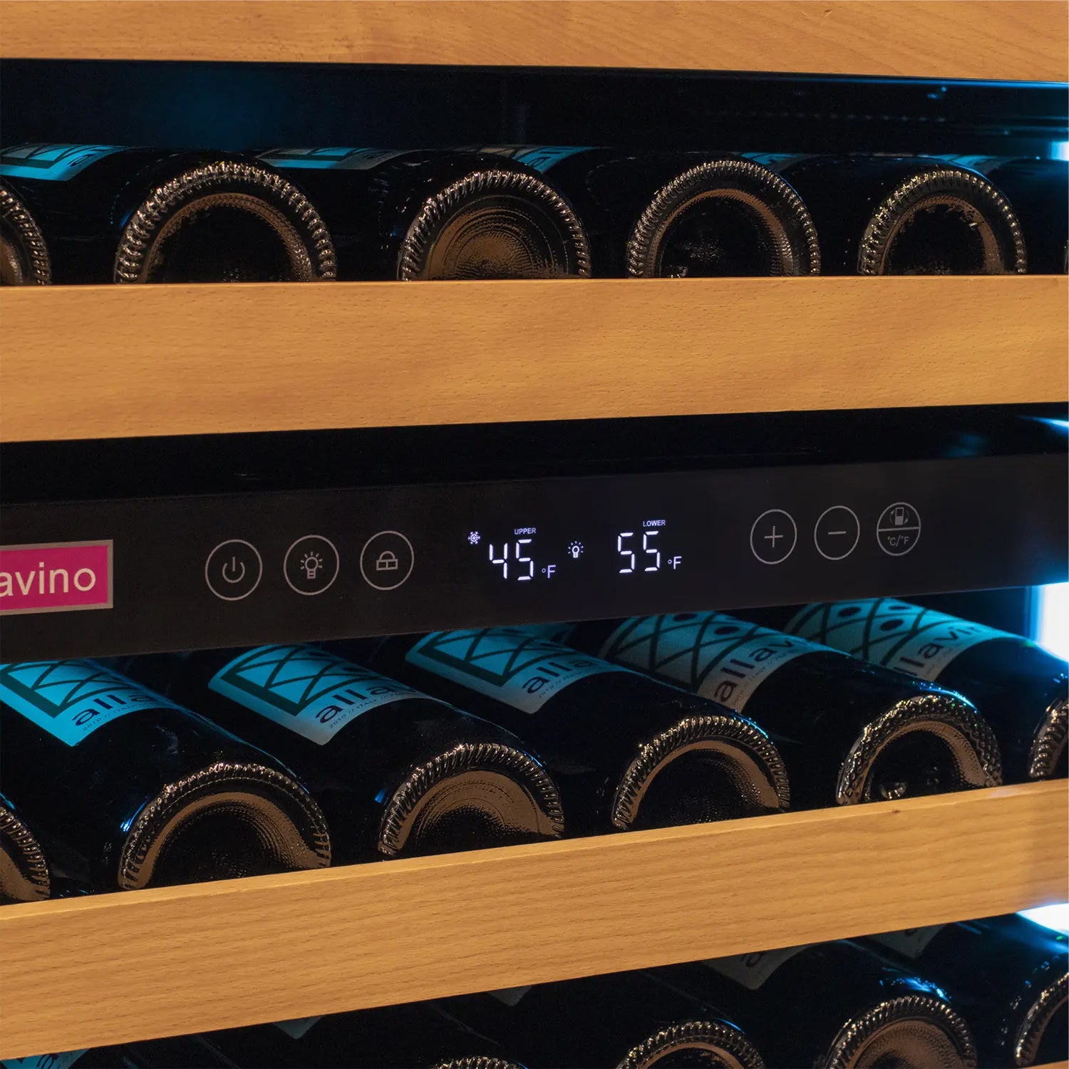Allavino Reserva Series 56 Bottle Dual Zone Undercounter Wine Refrigerator Cooler with Black Glass Door - Right Hinge