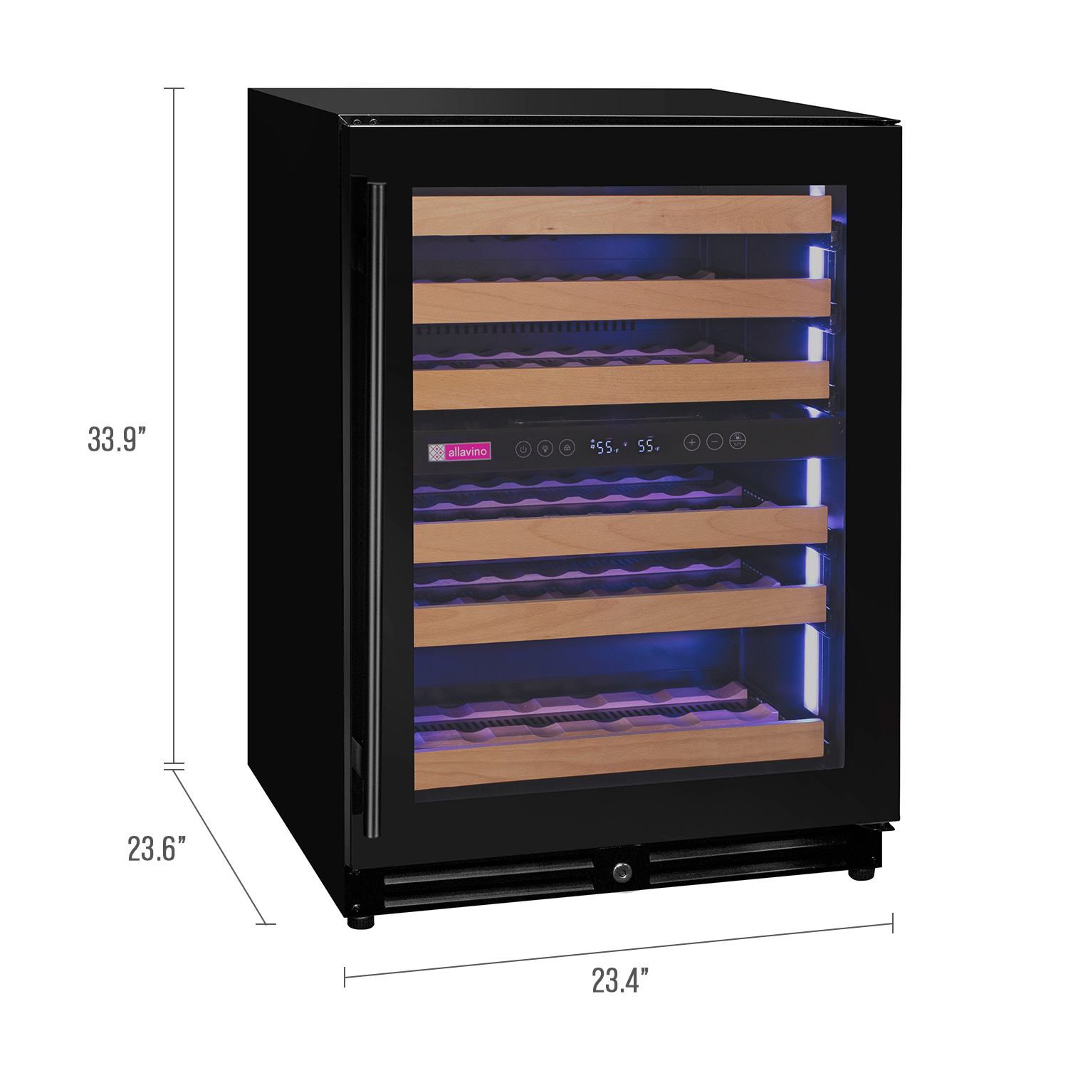 Allavino Reserva Series 56 Bottle Dual Zone Undercounter Wine Refrigerator Cooler with Black Glass Door - Right Hinge