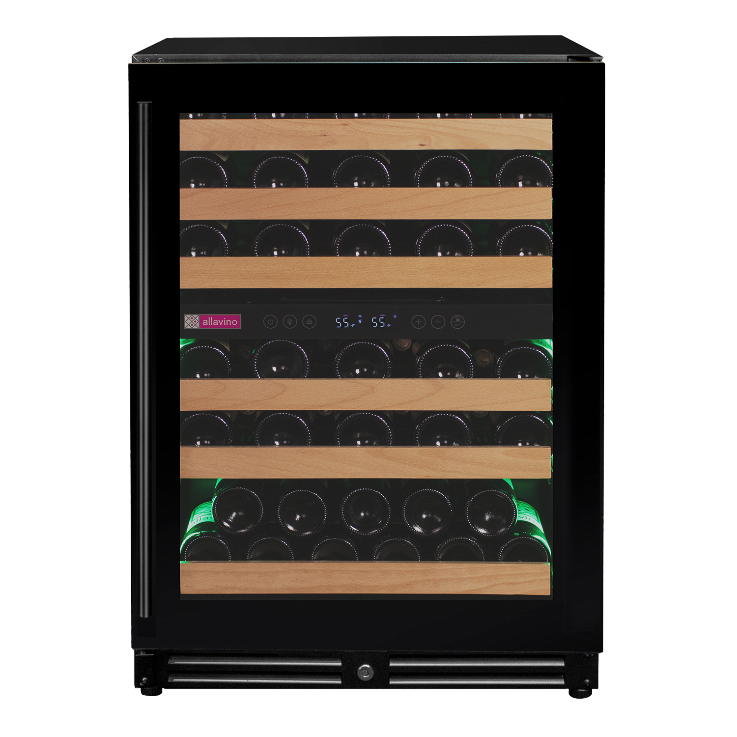 Allavino Reserva Series 56 Bottle Dual Zone Undercounter Wine Refrigerator Cooler with Black Glass Door - Right Hinge