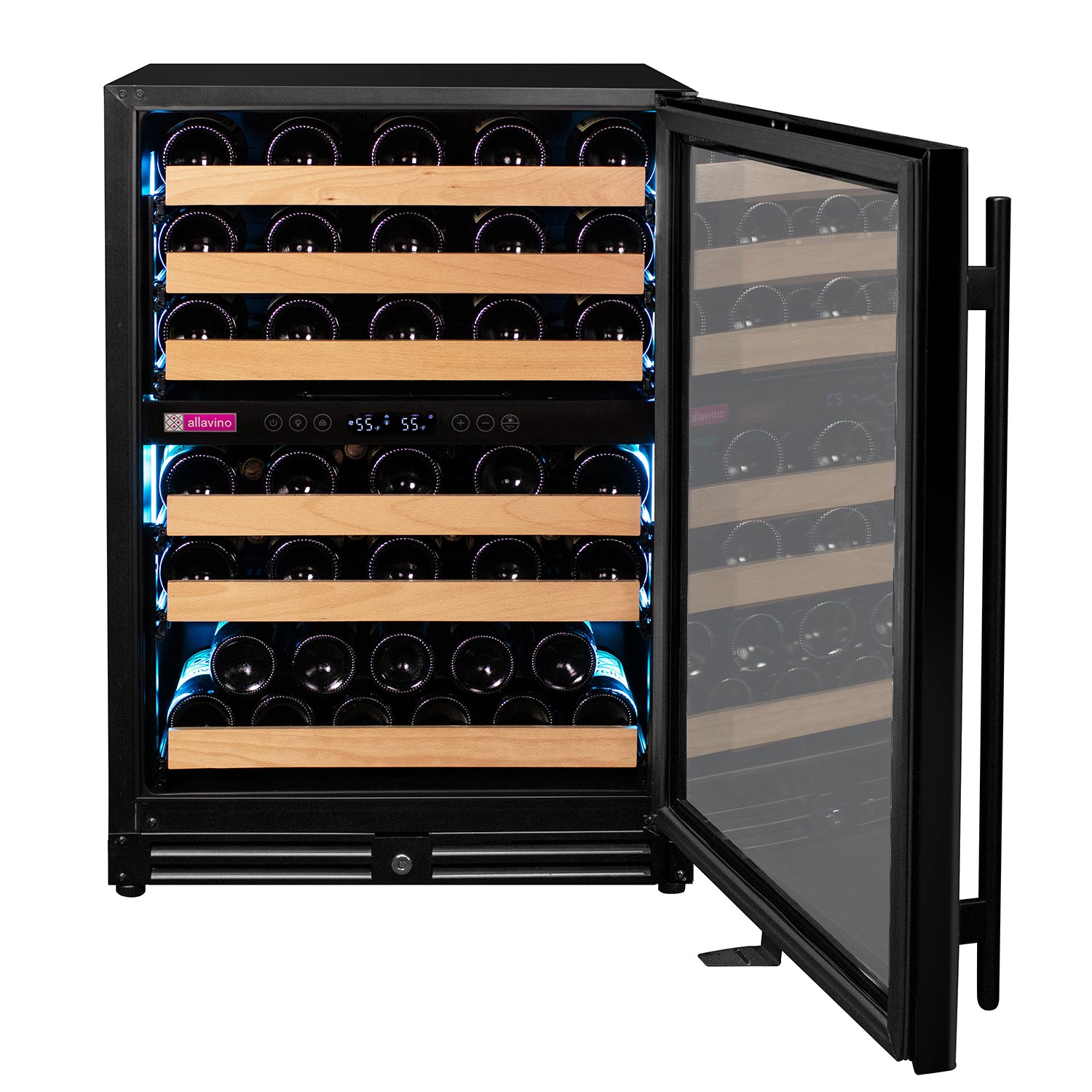 Allavino Reserva Series 56 Bottle Dual Zone Undercounter Wine Refrigerator Cooler with Black Glass Door - Right Hinge