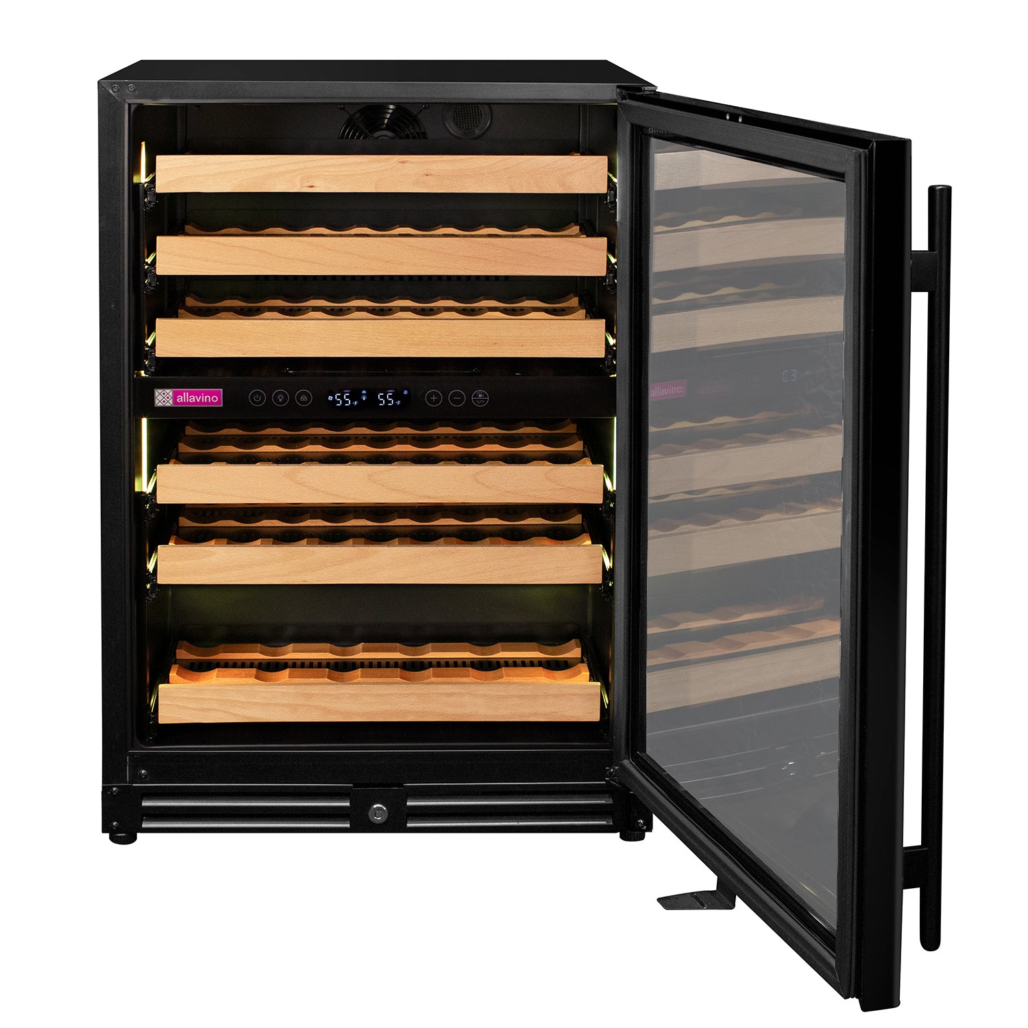 Allavino Reserva Series 56 Bottle Dual Zone Undercounter Wine Refrigerator Cooler with Black Glass Door - Right Hinge