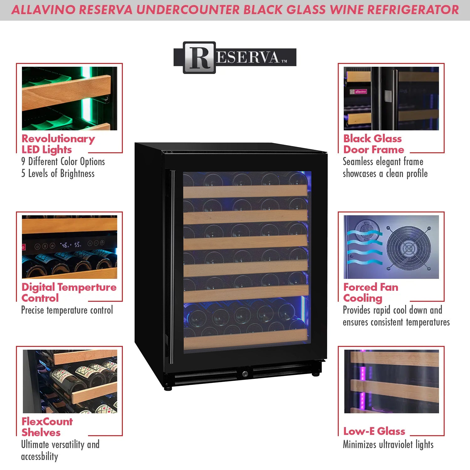Allavino Reserva Series - 56 Bottle Single Zone Built-in Luxury Wine Refrigerator with Black Glass Door - Right Hinge