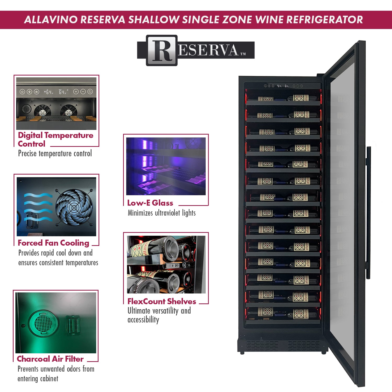 Allavino Reserva Series 67 Bottle Single Zone Shallow Built-in Wine Cooler Refrigerator with Black Glass Door - Right Hinge