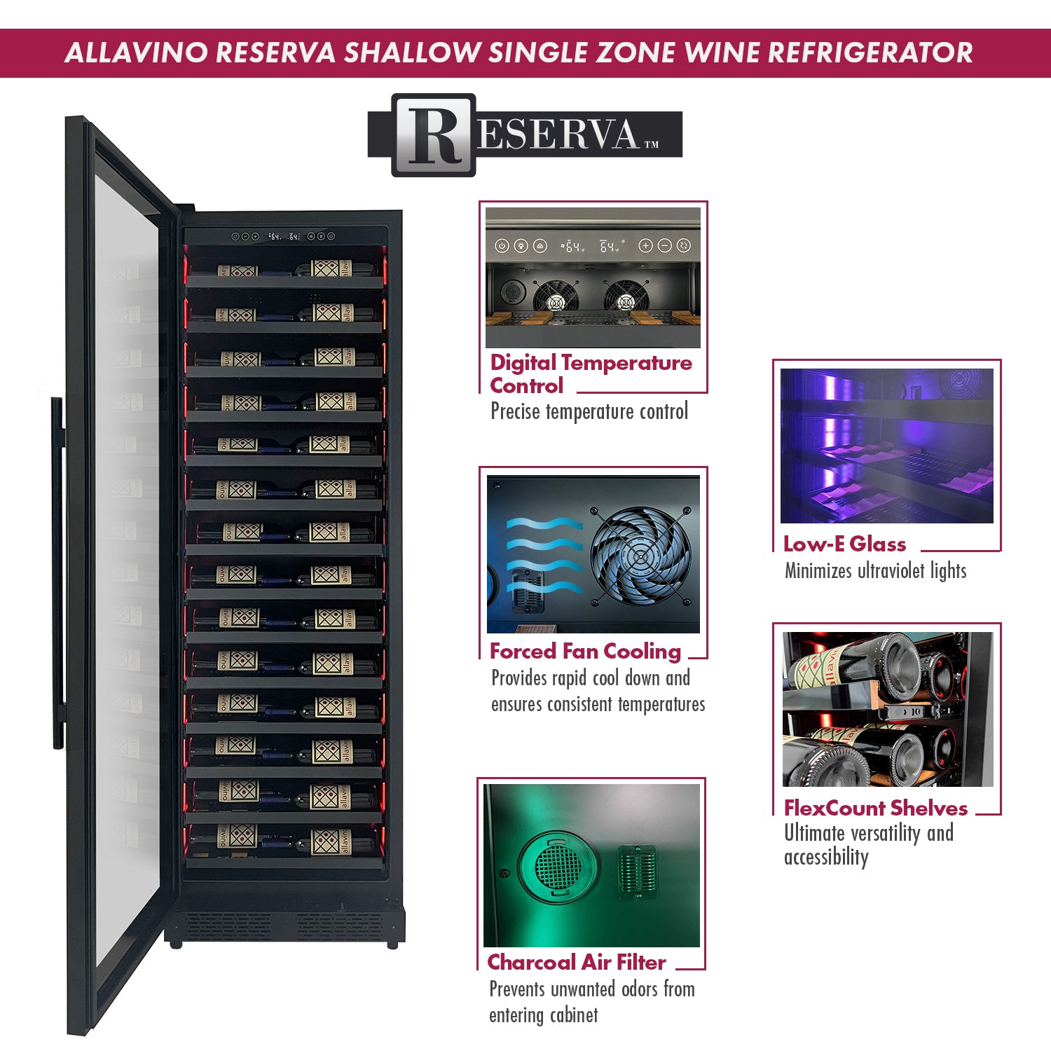 Allavino Reserva Series 67 Bottle 71" Tall Single Zone Left Hinge Black Shallow Wine Cooler Refrigerator Console