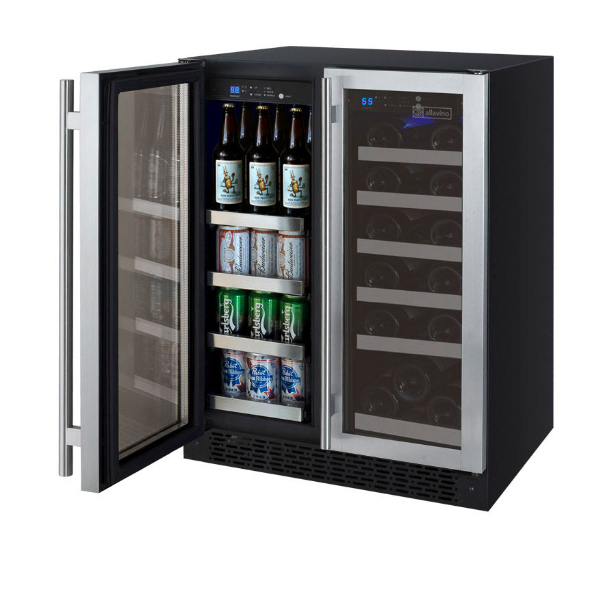 Allavino 24" Wide FlexCount II Tru-Vino 18 Bottle/66 Cans Dual Zone Stainless Steel Wine Refrigerator/Beverage Center - VSWB-2SF20