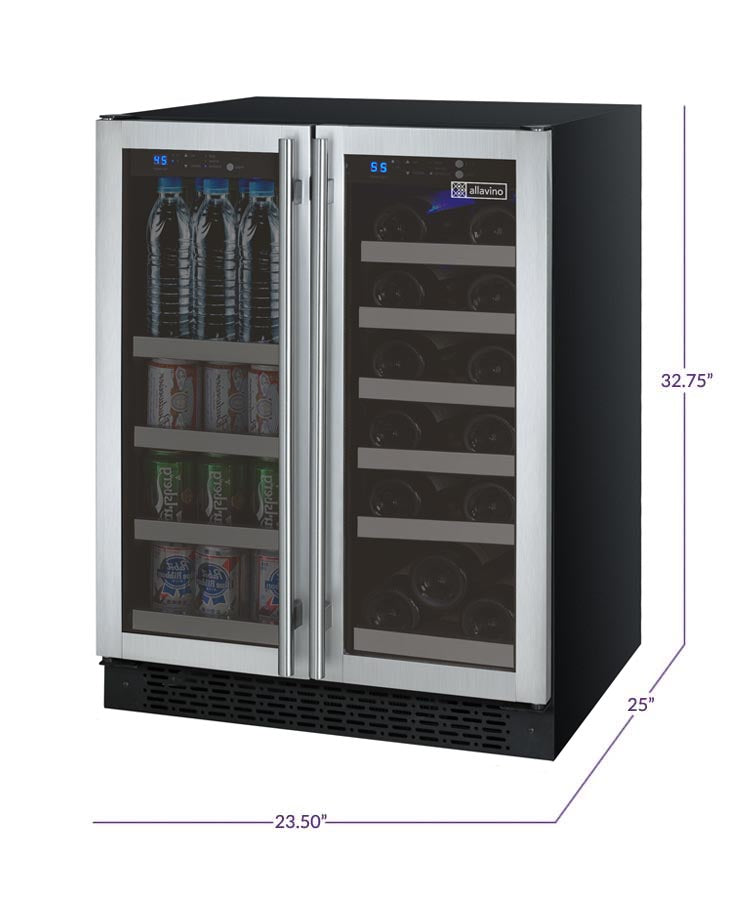 Allavino 24" Wide FlexCount II Tru-Vino 18 Bottle/66 Cans Dual Zone Stainless Steel Wine Refrigerator/Beverage Center - VSWB-2SF20