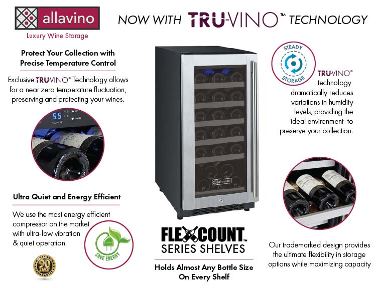 Allavino 15" Wide FlexCount II Tru-Vino 30 Bottle Single Zone Stainless Steel Left Hinge Wine Refrigerator - VSWR30-1SL20