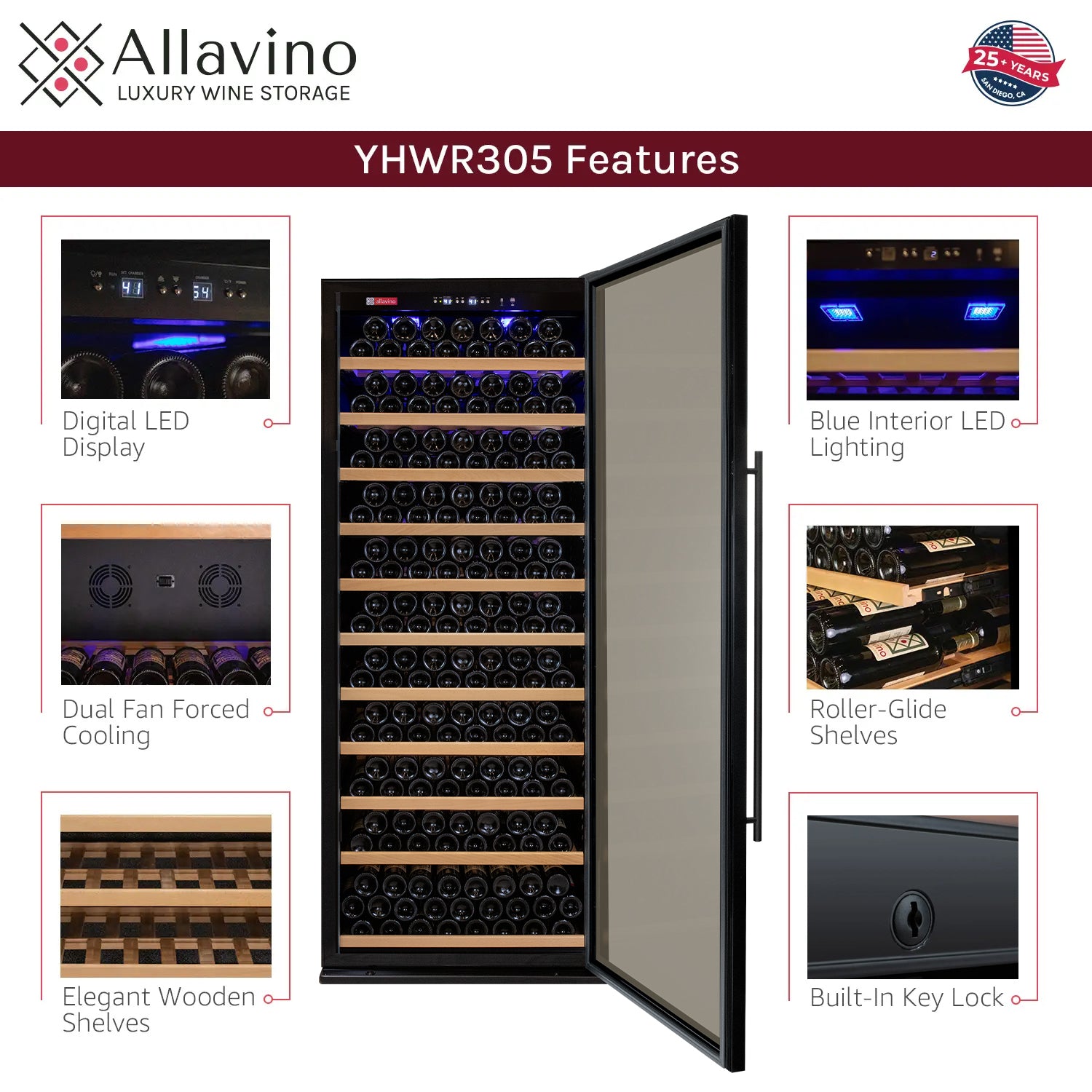 Allavino Vite Series 277 Bottle Single Zone Freestanding Large Capaity Wine Refrigerator with Black Door - Right Hinge