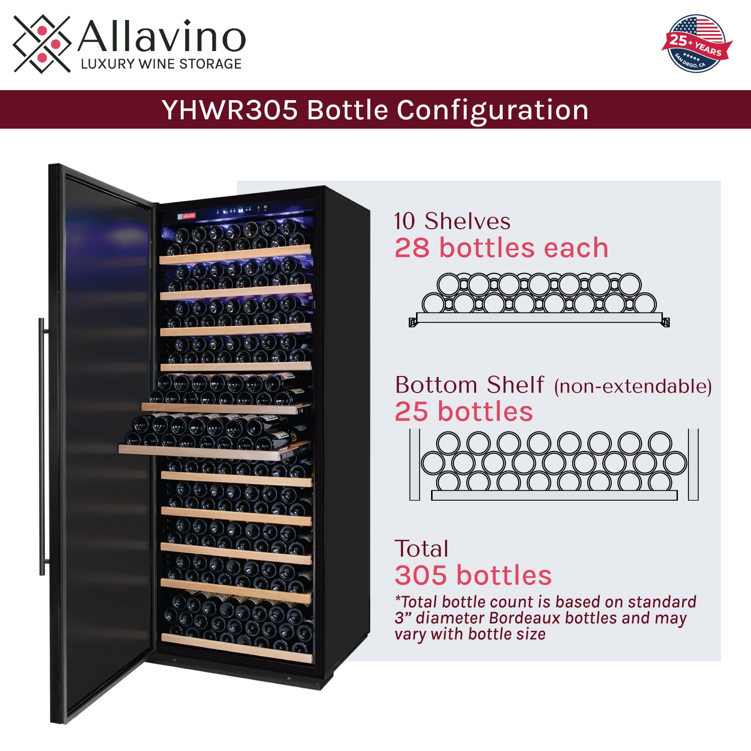 Allavino Vite Series 305 Bottle Single Zone Freestanding Large Capacity Wine Refrigerator with Solid Black Door - Left Hinge