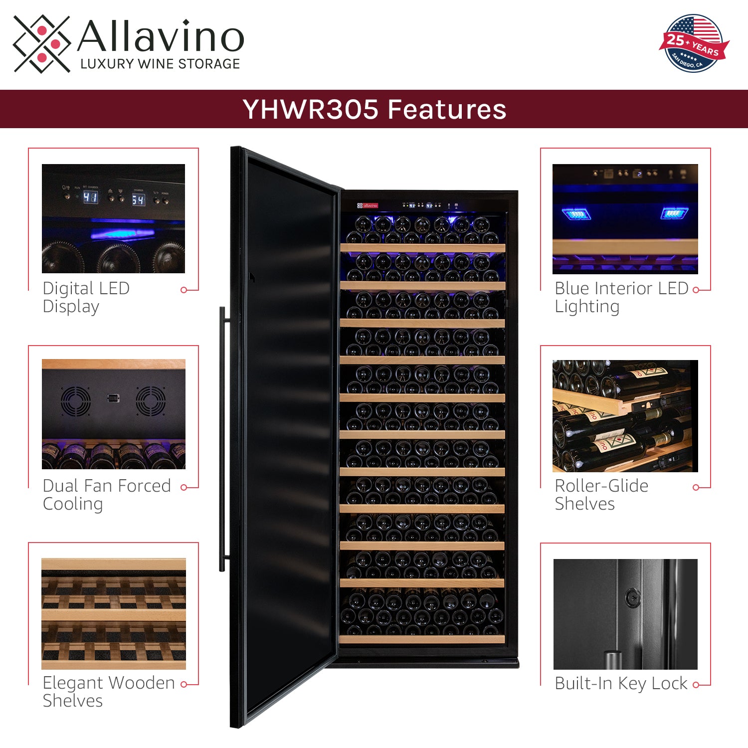 Allavino Vite Series 305 Bottle Single Zone Freestanding Large Capacity Wine Refrigerator with Solid Black Door - Left Hinge