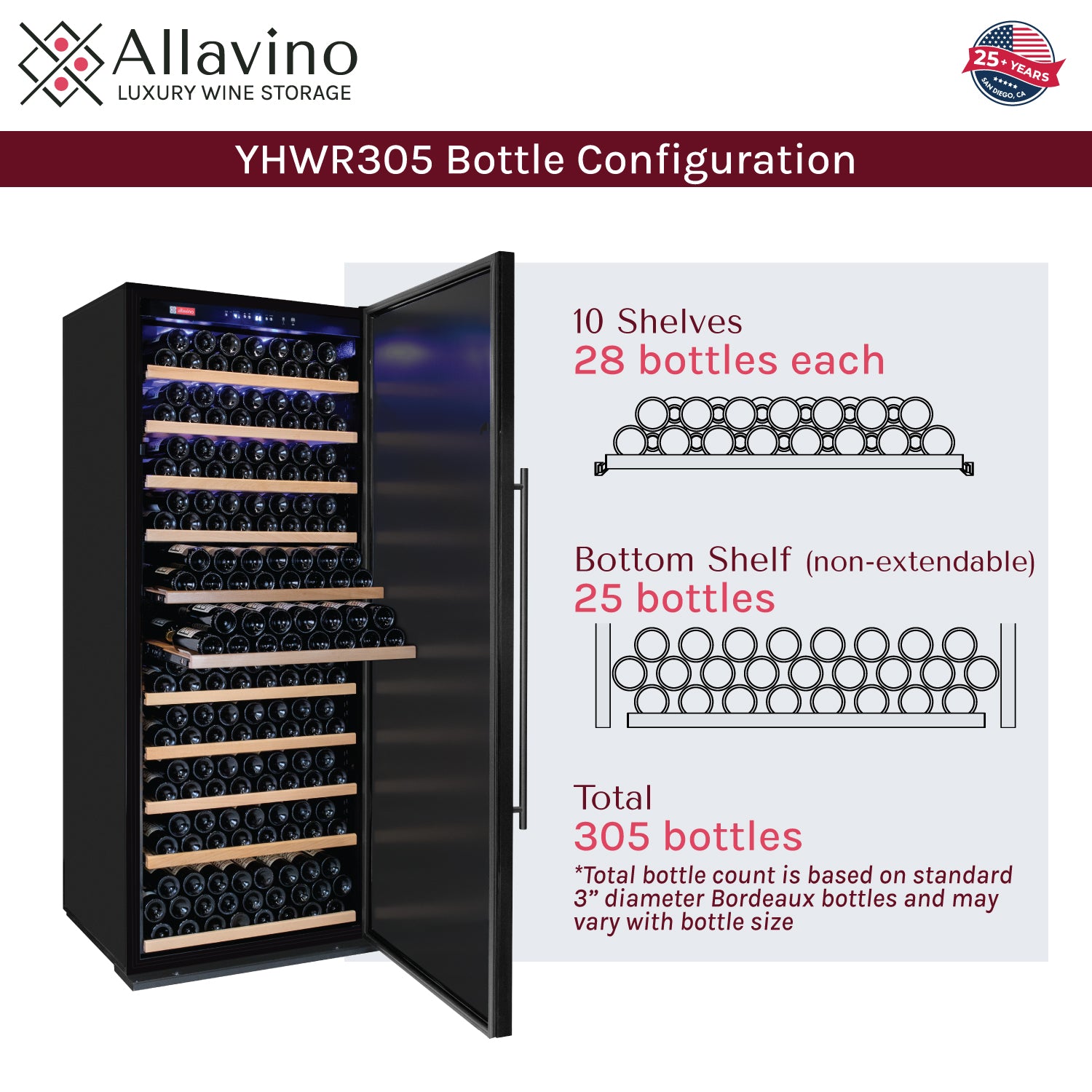 Allavino Vite Series 305 Bottle Single Zone Freestanding Large Capacity Wine Refrigerator with Solid Black Door - Right Hinge