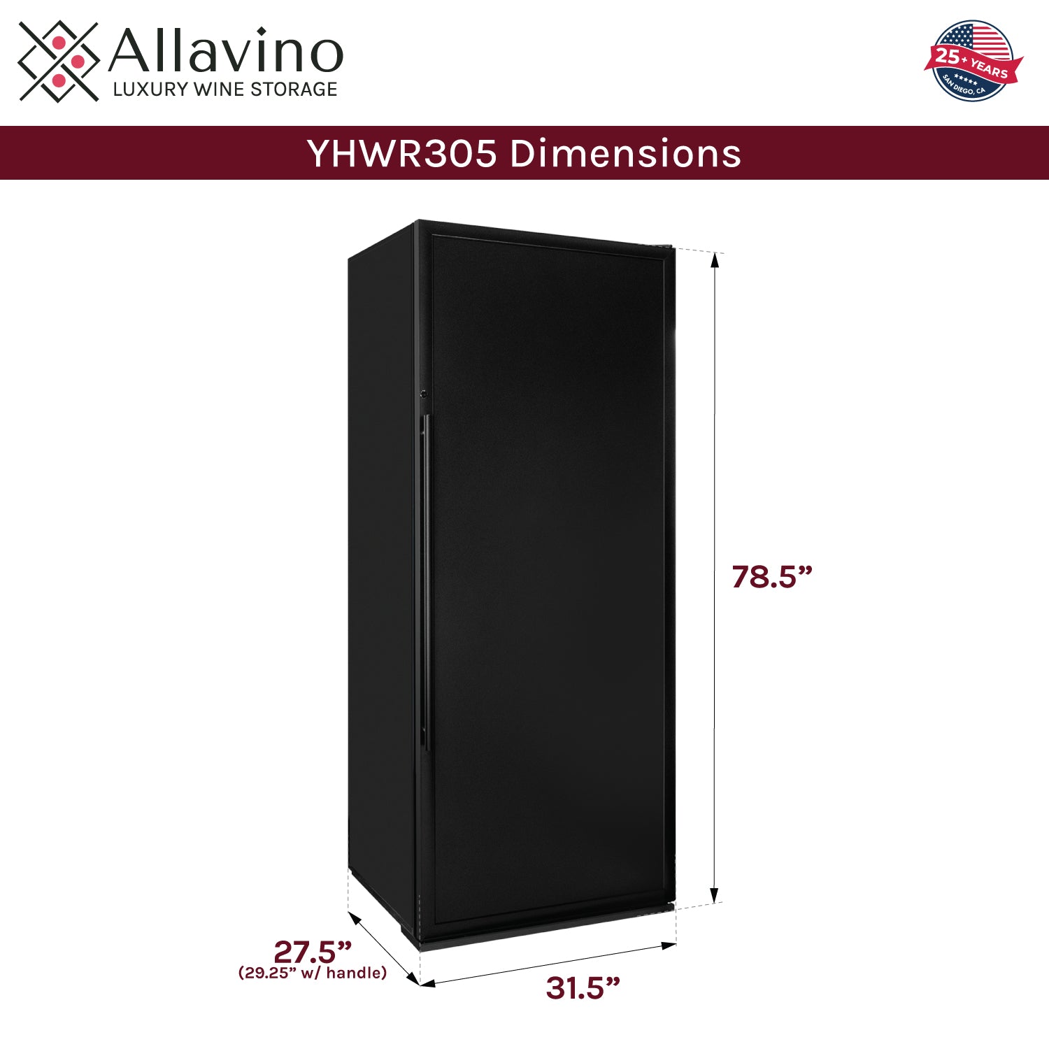 Allavino Vite Series 305 Bottle Single Zone Freestanding Large Capacity Wine Refrigerator with Solid Black Door - Right Hinge