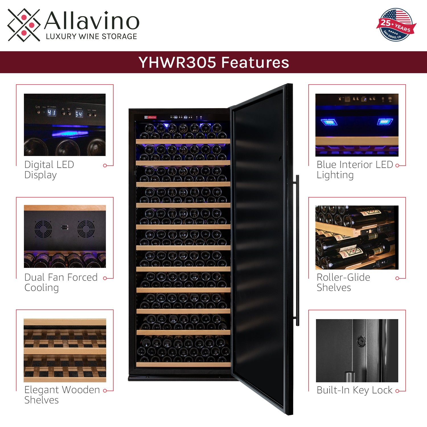 Allavino Vite Series 305 Bottle Single Zone Freestanding Large Capacity Wine Refrigerator with Solid Black Door - Right Hinge