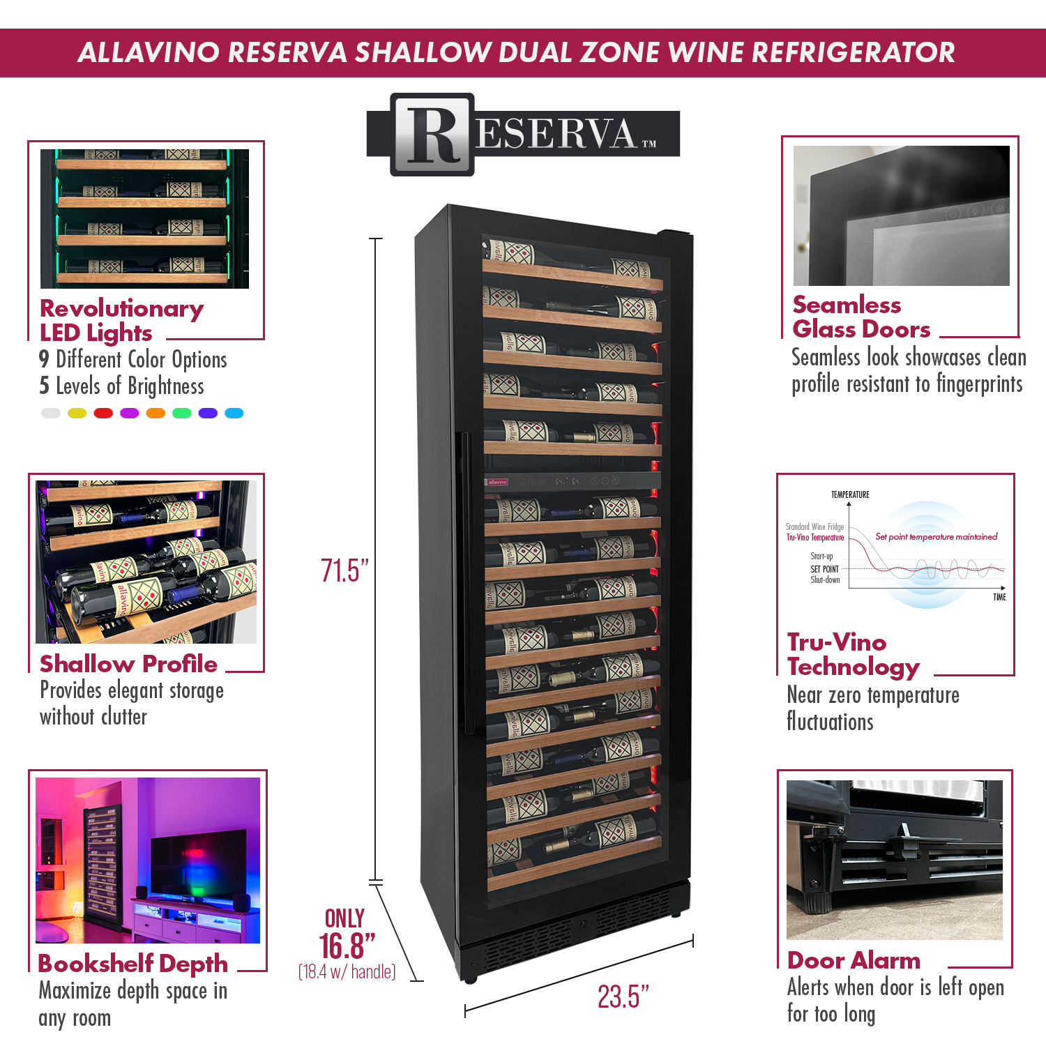 Allavino Reserva Series 67 Bottle 71" Tall Dual Zone Right Hinge Black Shallow Wine Refrigerator with Wood Front Shelves