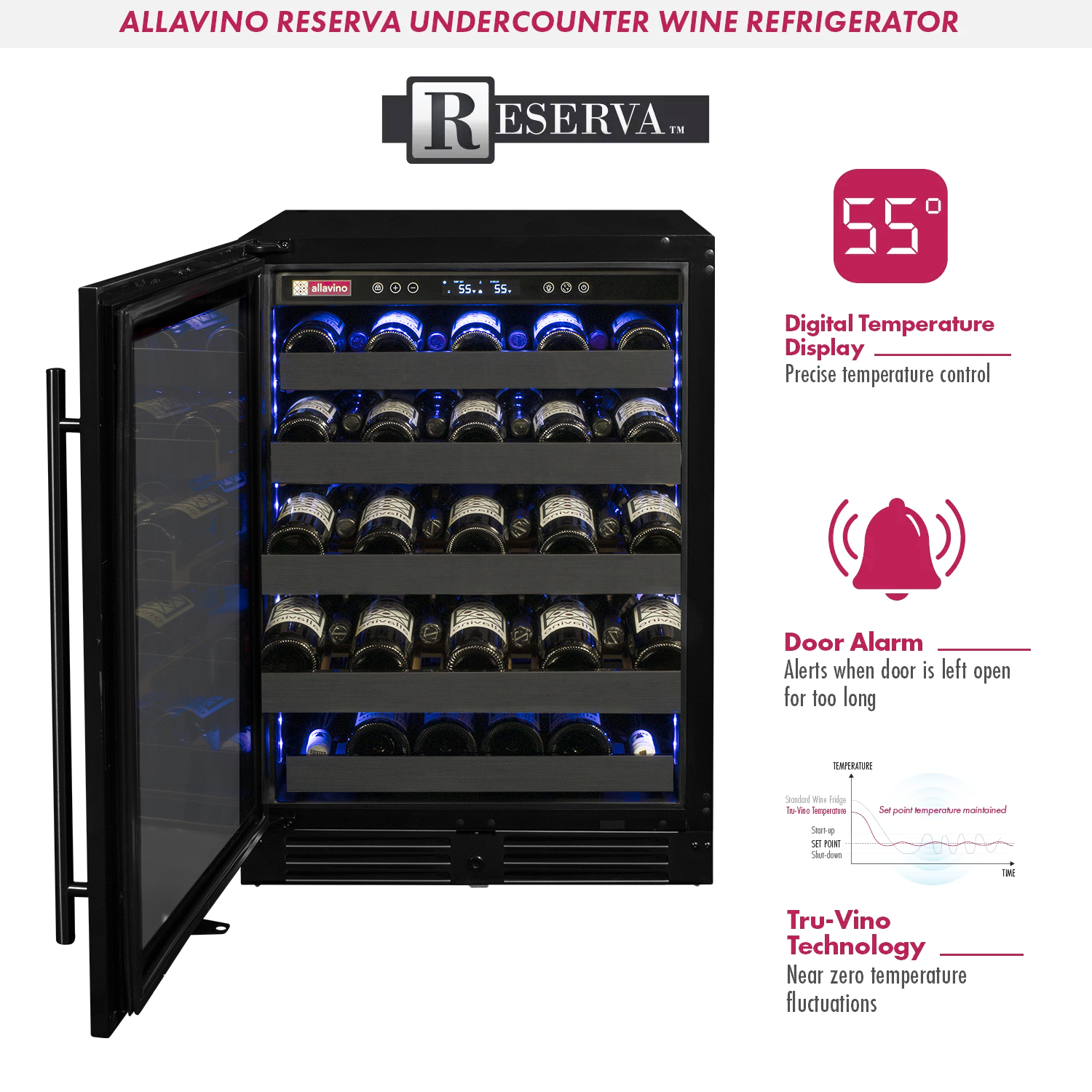 Allavino Reserva Series 50 Bottle Single Zone Built-in Wine Cooler Refrigerator with Black Stainless Steel Door - Left Hinge
